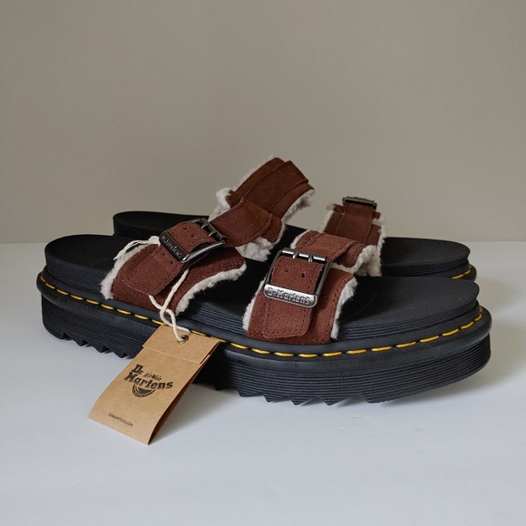 Dr. Martens Myles Suede Fur-lined Buckle Slide Sandals Dark Brown Size 13 NWT - Picture 4 of 16